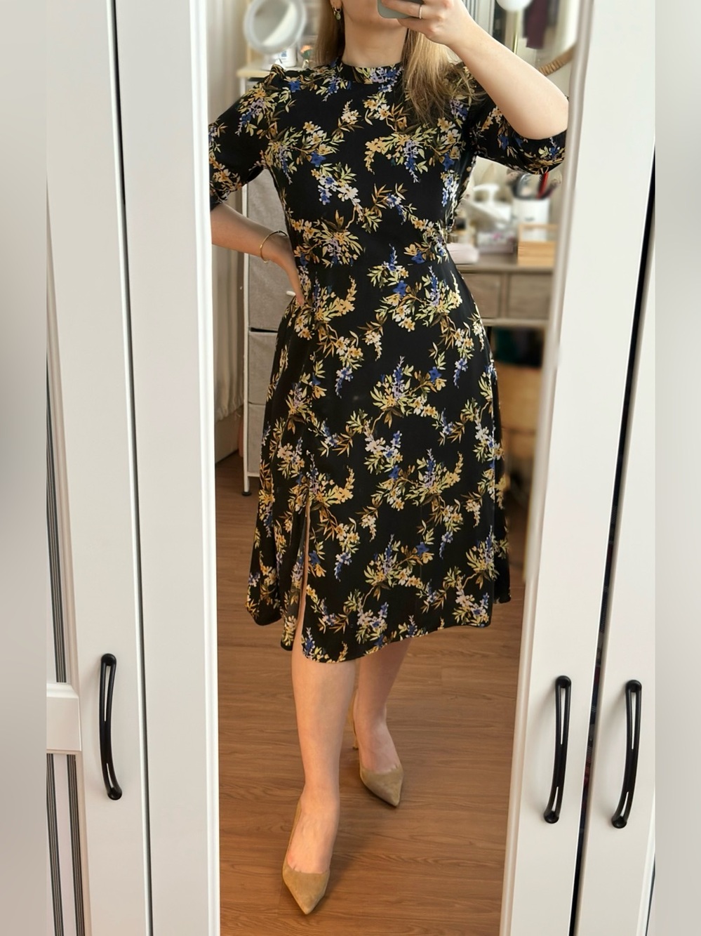 Banana Republic Petite Black Floral Midi Dress Size S Petite